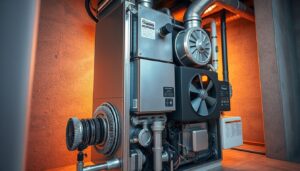 a highly detailed, photorealistic image of the internal components of a home furnace, shot from an angled perspective with a wide-angle lens to showcase the various parts and their mechanical workings. The foreground should prominently feature the furnace's burner assembly, heat exchanger, and blower fan, all rendered with precise engineering-style detail. The middle ground should include the furnace's control panel, thermostat, and other input/output interfaces. The background should depict the interior of a typical home's utility room or basement, with concrete walls, piping, and other supporting infrastructure visible. The lighting should be a combination of warm, ambient tones from the furnace's internal components and cooler, natural daylight filtering in from the background. The overall mood should convey a sense of technical complexity and mechanical precision within the domestic setting.