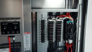 highly detailed, technical diagram of a modern electrical panel upgrade, seen from a slightly elevated angle, with a focus on the key components and layout, capturing the complexity and functionality of the system. Precise lines, crisp metallic textures, and a cool, industrial color palette create a sleek, professional aesthetic. Soft, directional lighting from the side highlights the various breakers, switches, and wiring, emphasizing the intricate engineering. The overall composition conveys the importance and sophistication of electrical panel upgrades for HVAC systems.