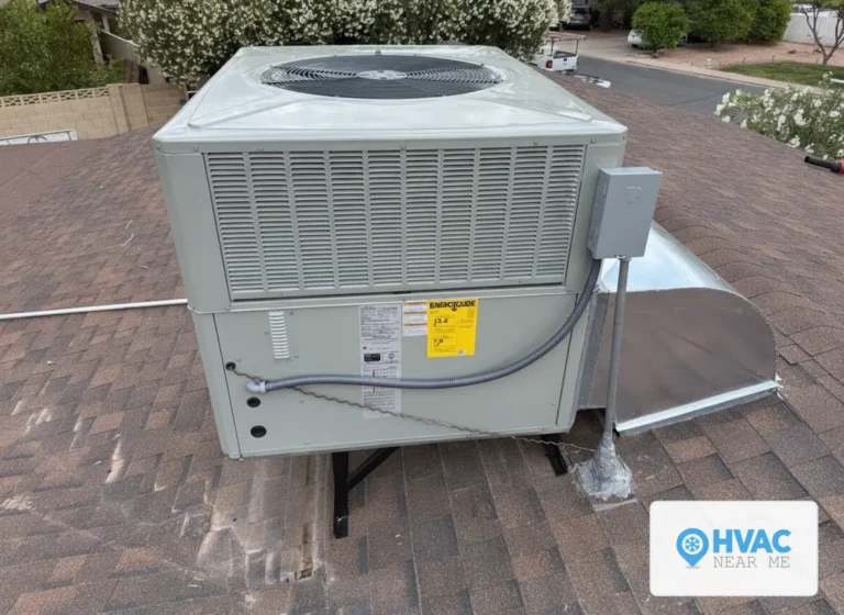 Rooftop package AC unit installed by HVAC Near Me, EnergyGuide efficiency label visible on the cabinet