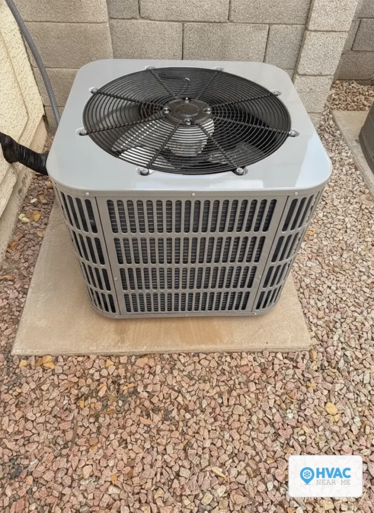 New HVAC Near Me AC condenser installed against a concrete block wall