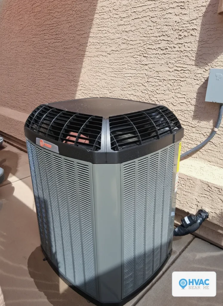 New HVAC Near Me AC condenser installed against a stucco exterior wall