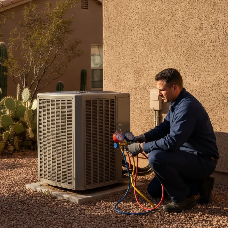 HVAC technician checking refrigerant pressure on an AC condenser to diagnose a frozen evaporator coil in Arizona